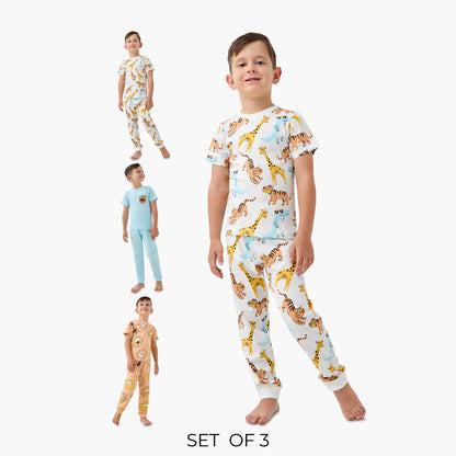 Juniors Pyjama Set with Print - Cotton - Short Sleeves - Round Neck - Set of 3 - Multicolour / 2-3 yrs