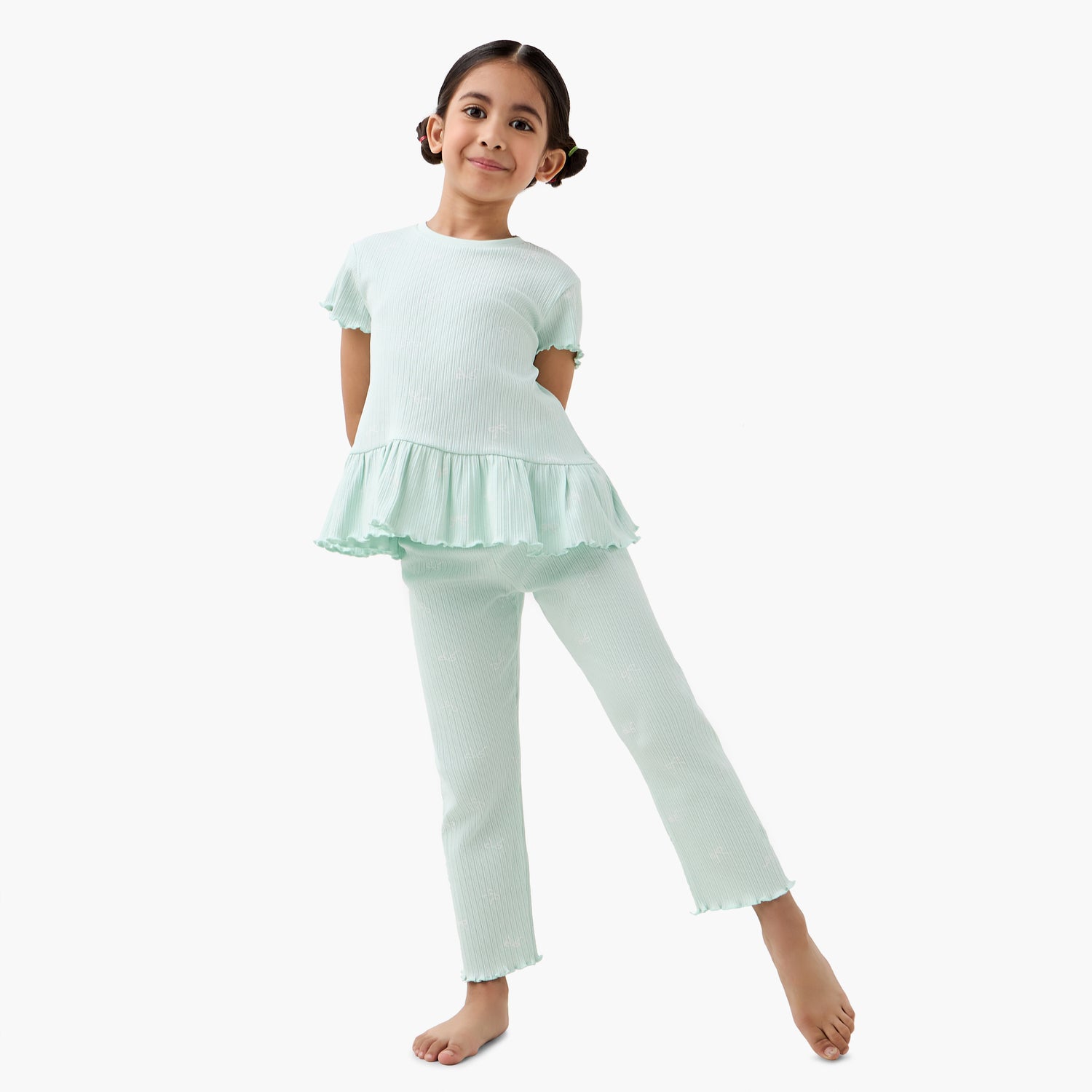 Juniors Bow Print Top and Pyjama Set - Green / 7-8 yrs