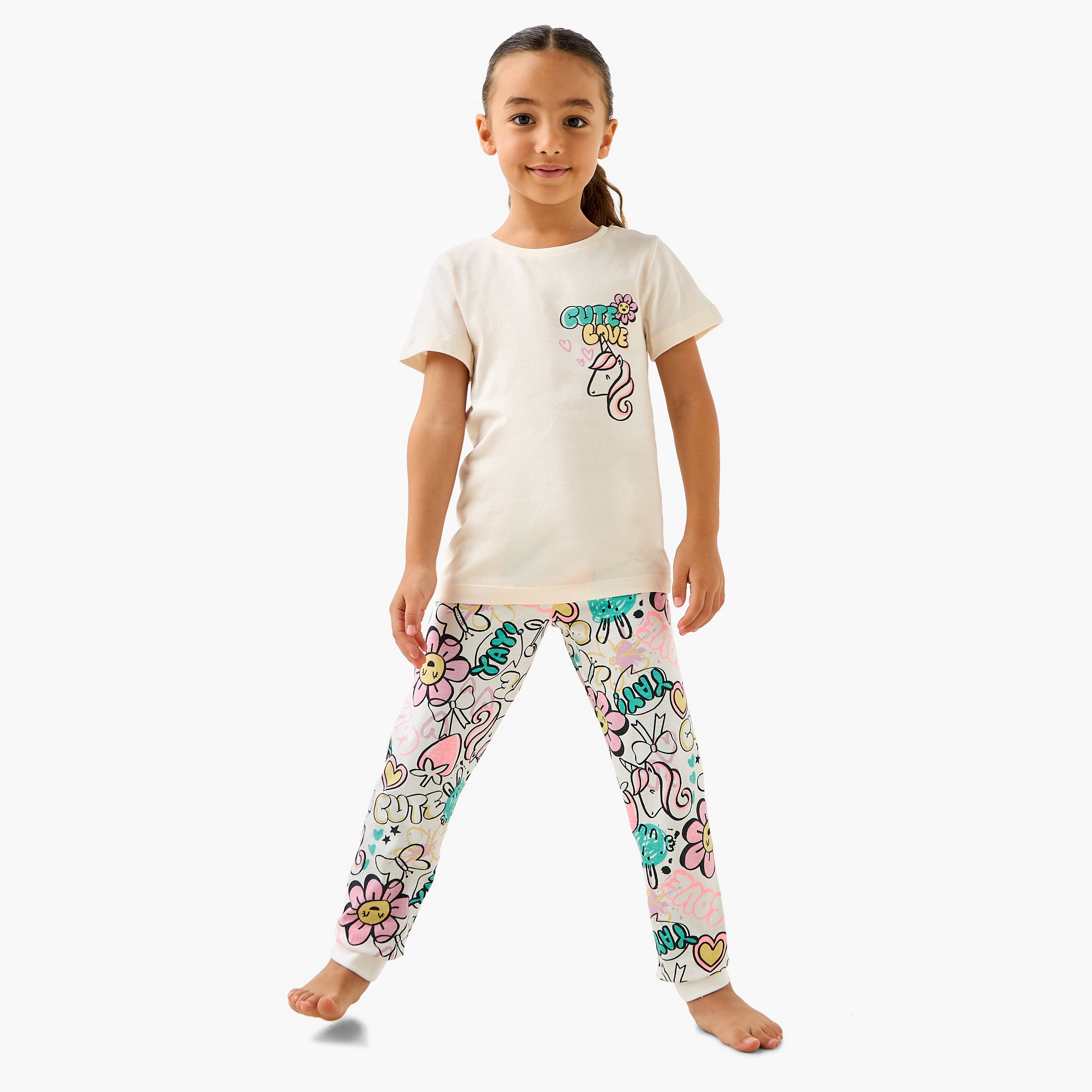 Juniors Printed T-shirt and Pyjama Set - Cream / 2-3 yrs