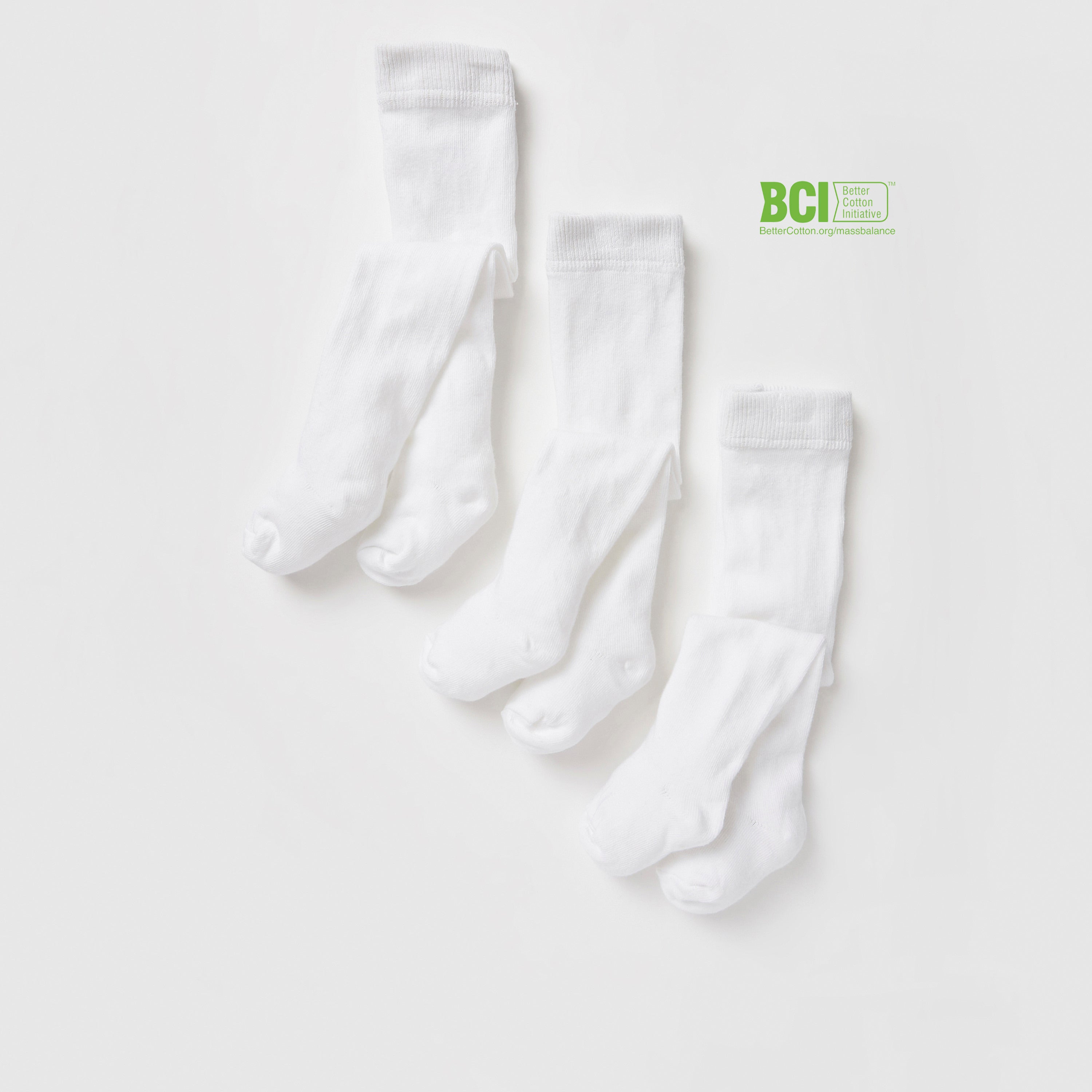 Pack of 3 - Solid BCI Cotton Tights with Cuffed Hem - White / 15-16