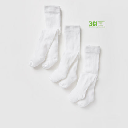 Pack of 3 - Solid BCI Cotton Tights with Cuffed Hem - White / 15-16