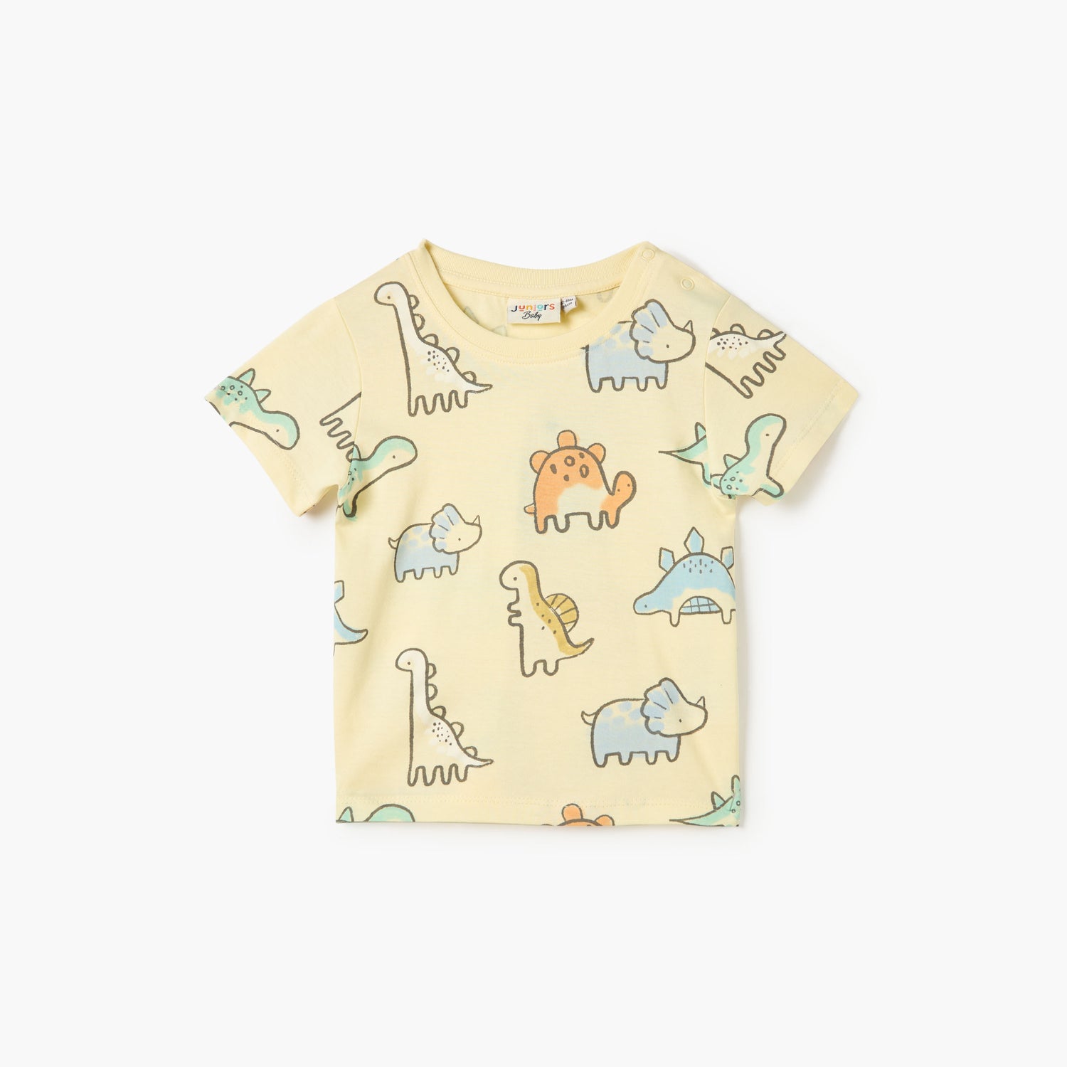 Juniors Dino Print T-shirt Short Sleeves and Button Closure - Yellow / 12-18 mths