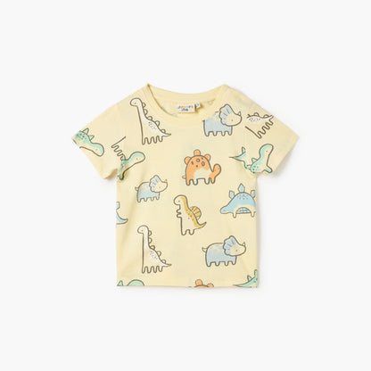Juniors Dino Print T-shirt Short Sleeves and Button Closure - Yellow / 12-18 mths