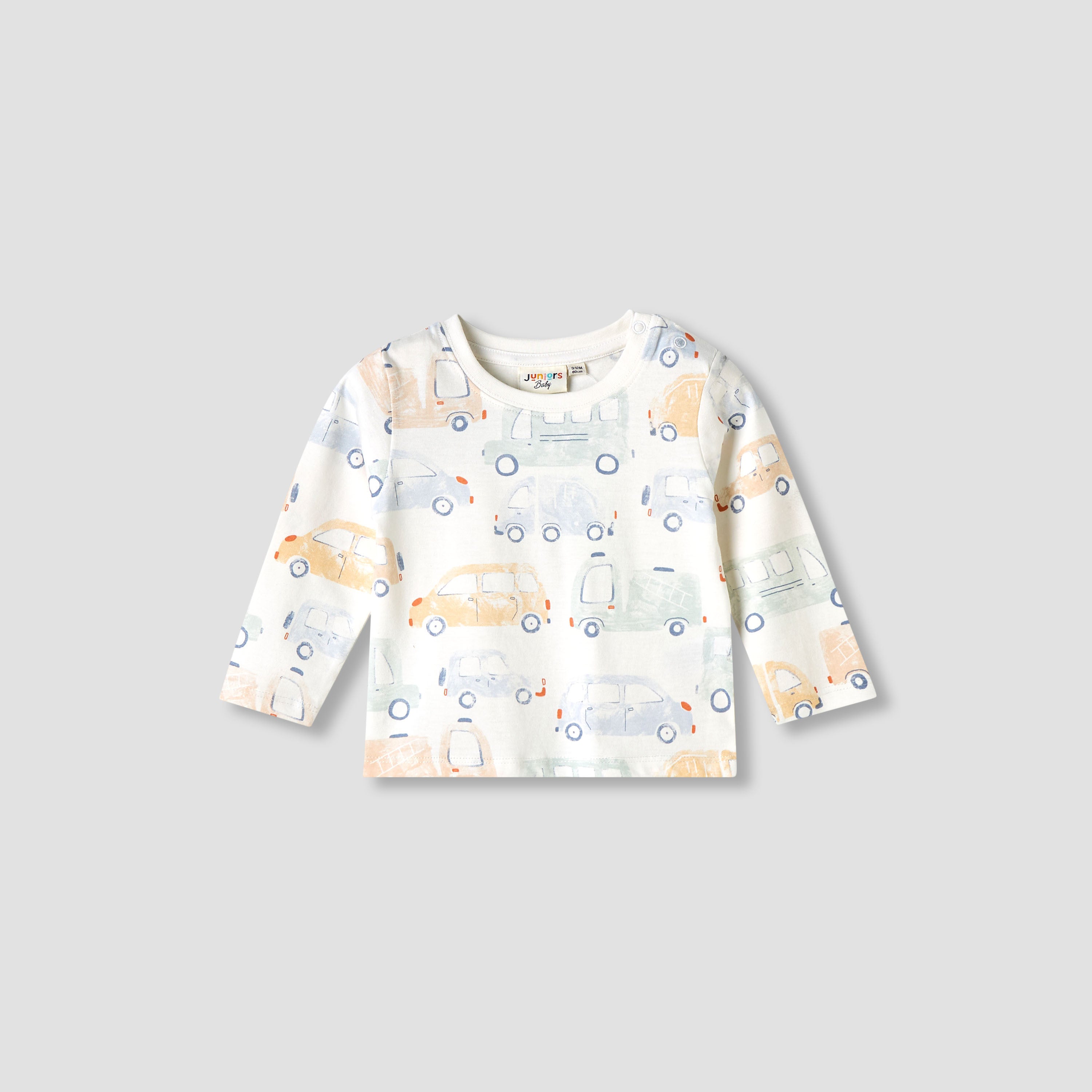 Juniors Car Print Crew Neck T-shirt with Long Sleeves