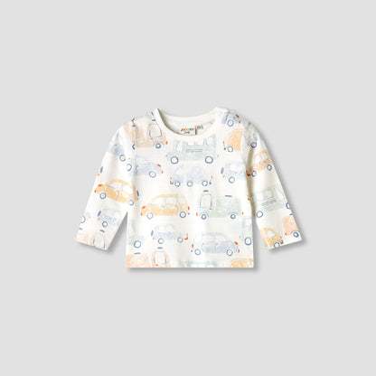 Juniors Car Print Crew Neck T-shirt with Long Sleeves