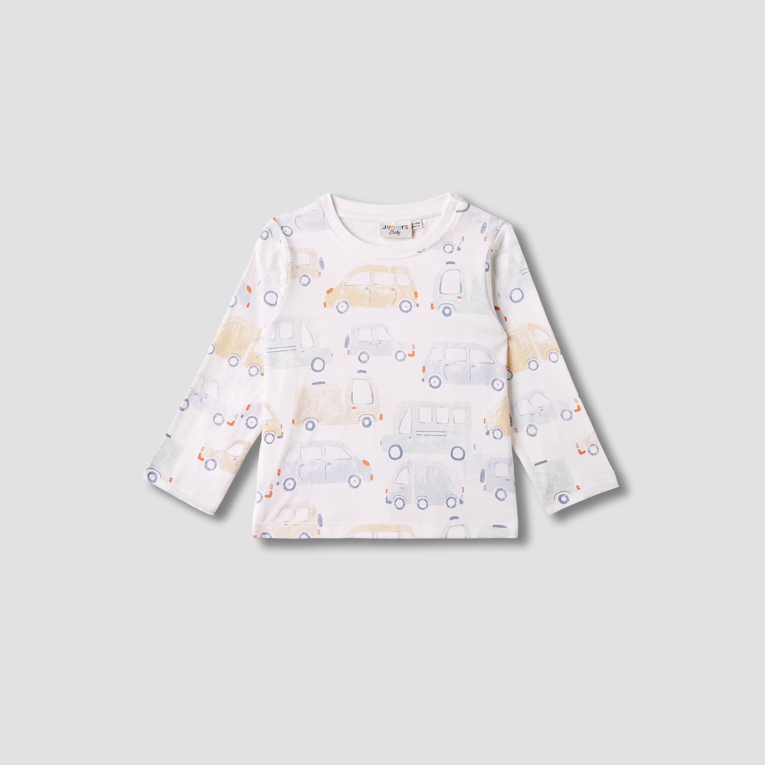 Juniors Car Print Crew Neck T-shirt with Long Sleeves - White / 12-18 mths