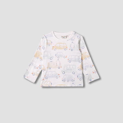 Juniors Car Print Crew Neck T-shirt with Long Sleeves - White / 12-18 mths