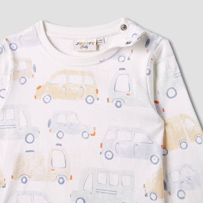 Juniors Car Print Crew Neck T-shirt with Long Sleeves