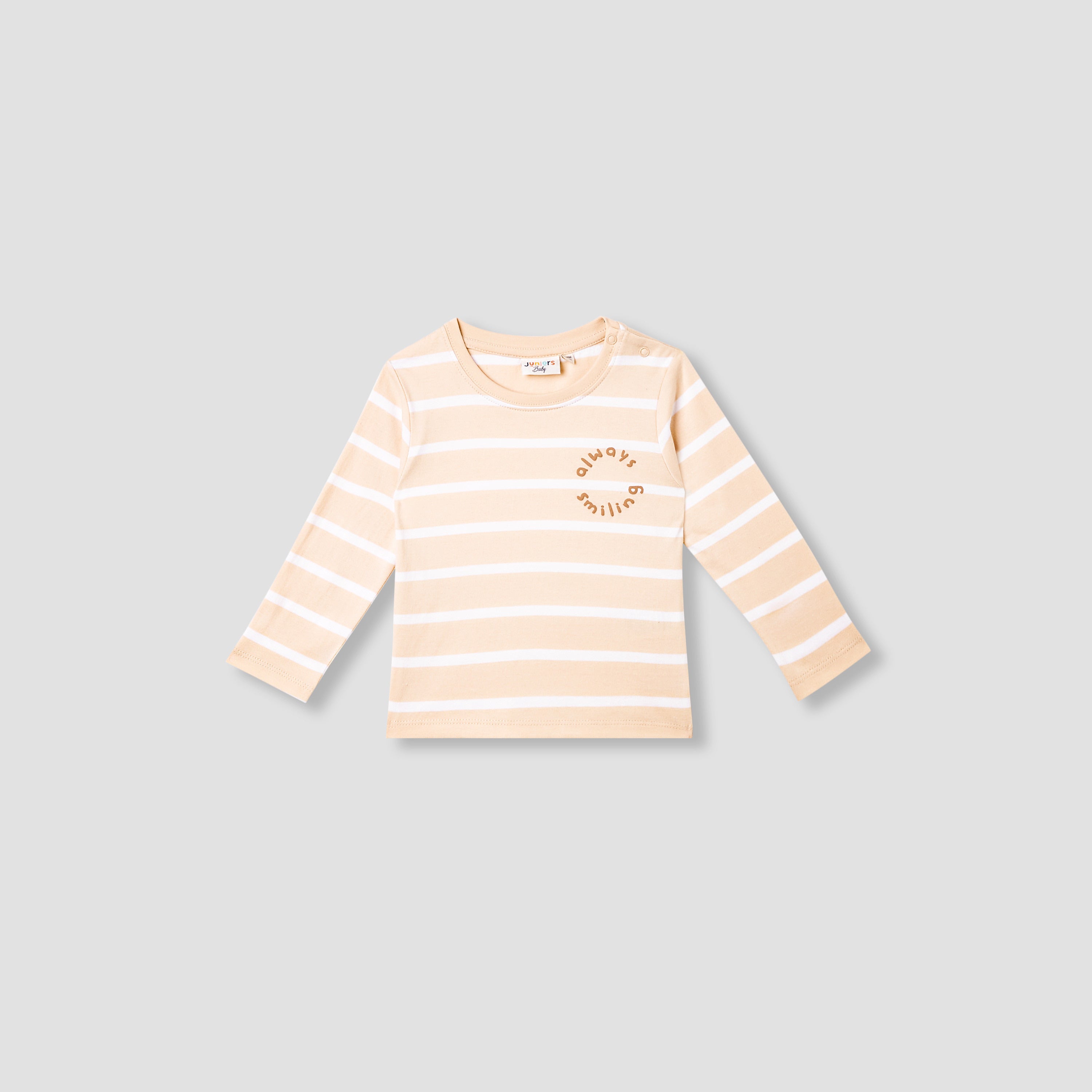 Juniors Striped Slogan Print T-Shirt with Long Sleeves - Beige / 12-18 mths