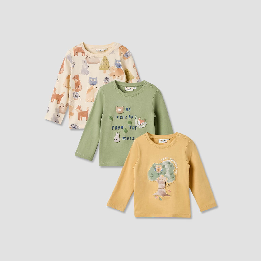 Juniors Boys Crew Neck T-shirt with Animal Print - Cotton - Long Sleeves - Set of 3 - Multicolour / 12-18 mths