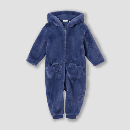 Juniors Applique Detail Hooded Coverall with Long Sleeves and Zip Closure - Blue / 18-24 mths