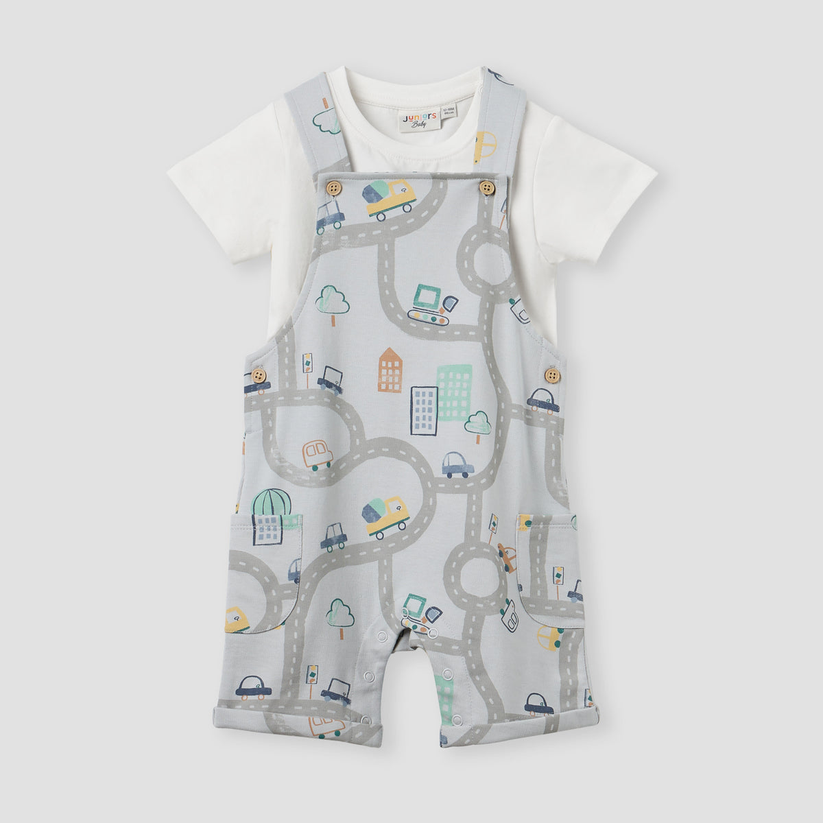 Juniors All-Over Print Dungaree and T-shirt Set - Grey / 12-18 mths