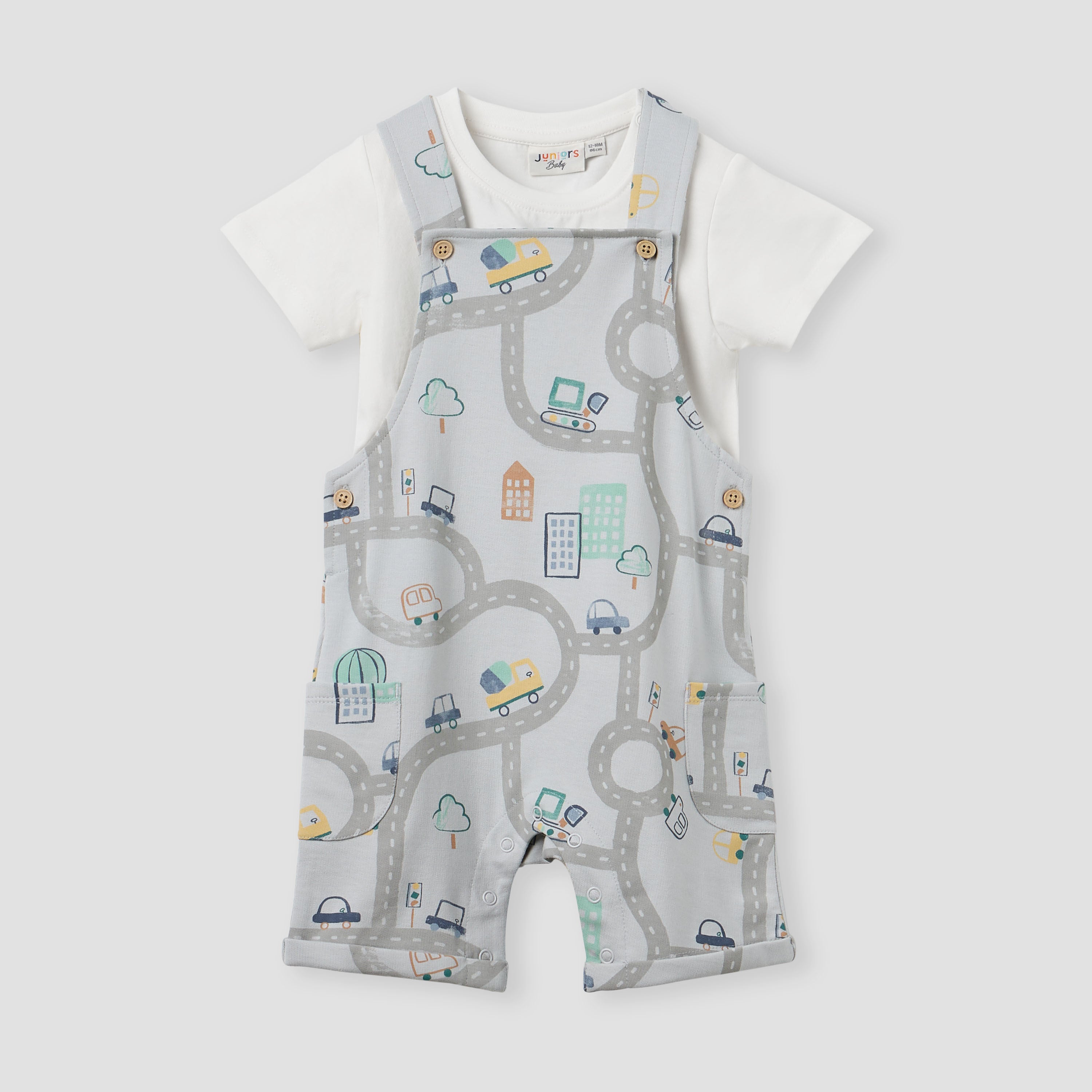 Juniors All-Over Print Dungaree and T-shirt Set - Grey / 12-18 mths