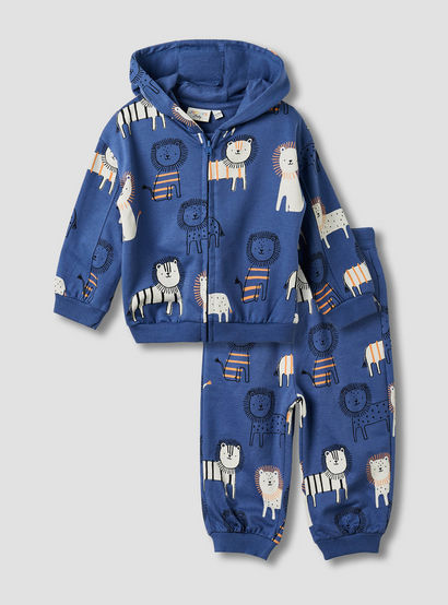 Juniors Boys Sweatshirt and Joggers Set with Safari Print - Cotton - Long Sleeves - Hood-baby-boys-clothing-winterwear-setsandcoords-image-1