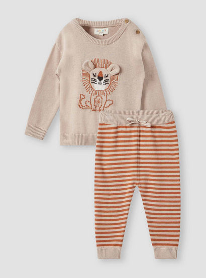 Juniors Lion Motif Sweater and Joggers Set-baby-boys-clothing-winterwear-setsandcoords-image-1