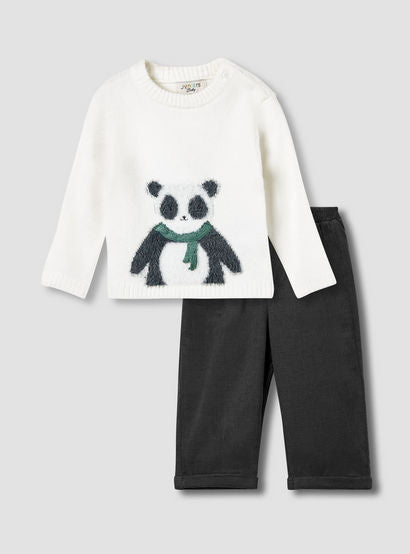 Juniors Boys Sweater and Pants Set with Panda Detail - Polyester Blend - Long Sleeves - Crew Neck-baby-boys-clothing-winterwear-setsandcoords-image-1