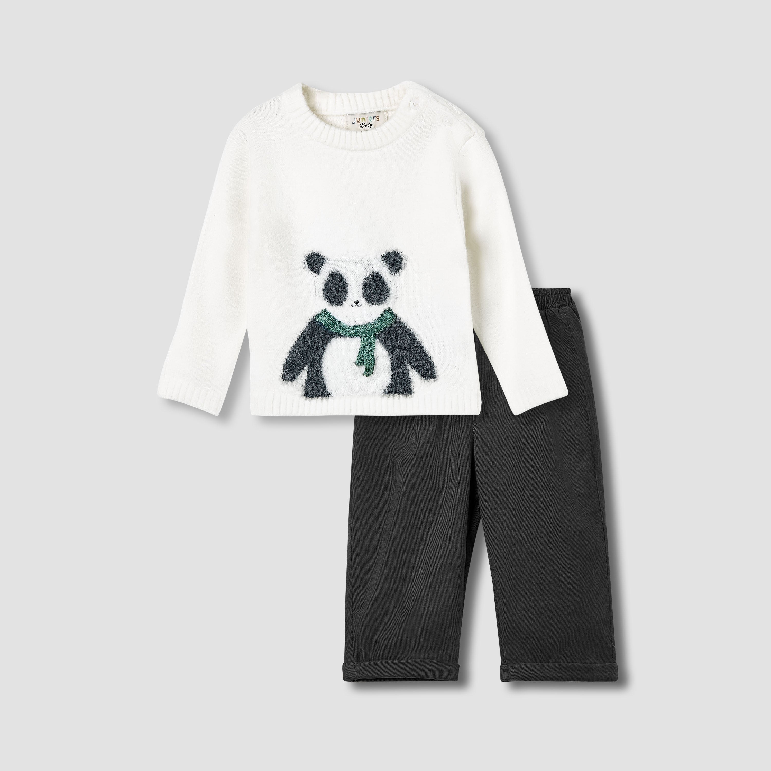 Juniors Boys Sweater and Pants Set with Panda Detail - Polyester Blend - Long Sleeves - Crew Neck - Multicolour / 24-36 mths