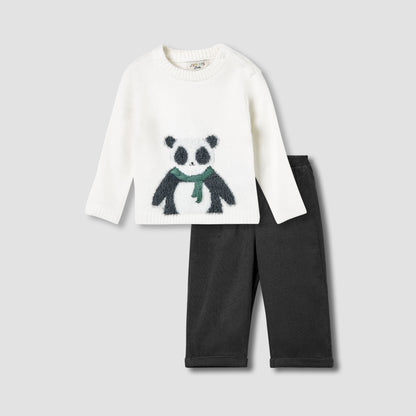 Juniors Boys Sweater and Pants Set with Panda Detail - Polyester Blend - Long Sleeves - Crew Neck - Multicolour / 24-36 mths