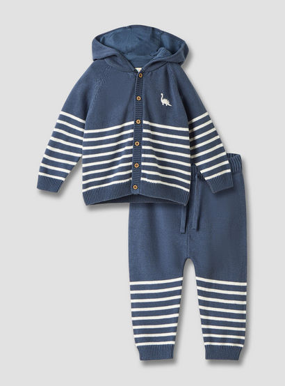 Juniors Striped Hooded Cardigan and Joggers Set-baby-boys-clothing-winterwear-setsandcoords-image-1