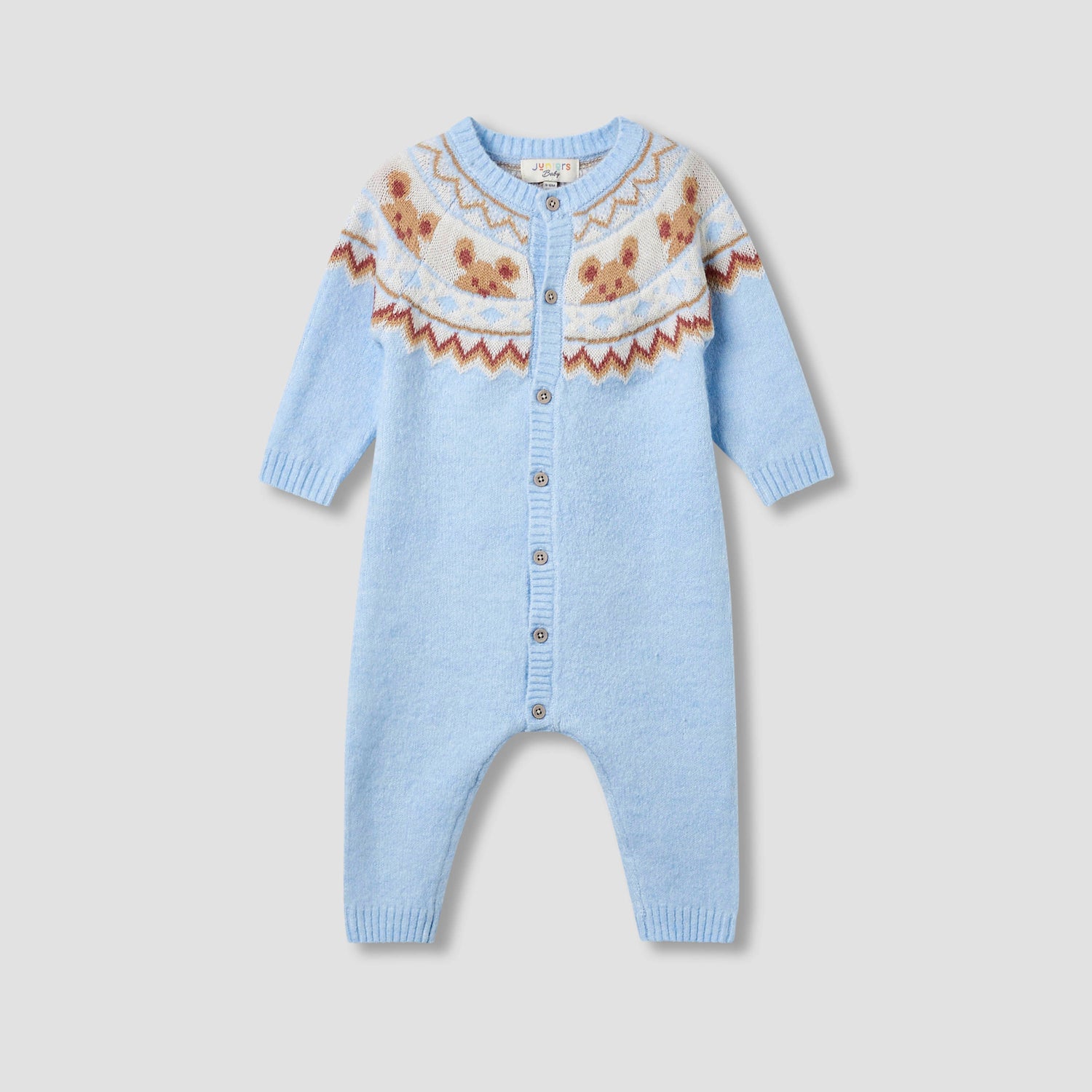 Juniors Round Neck Romper with Button Closure - Polyester Blend - Long Sleeves - Blue / 12-18 mths