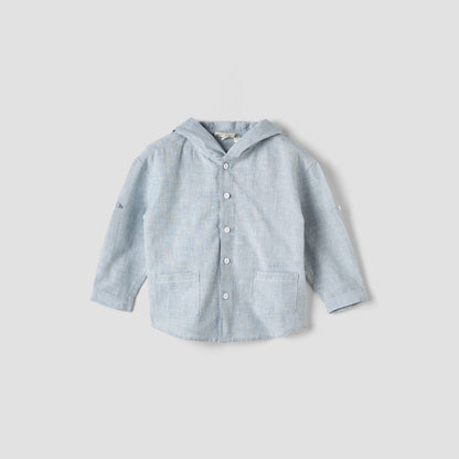 Juniors Boys Hooded Shirt with Stripes - Long Sleeves - Grey / 12-18 mths