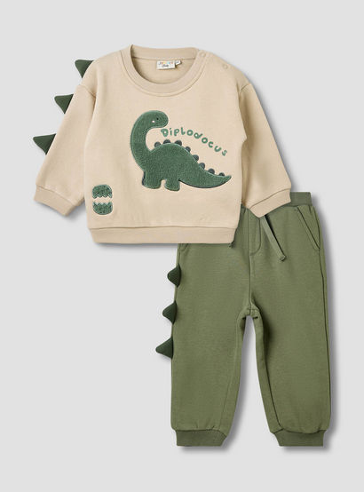 Juniors Boys Sweatshirt and Joggers Set with Dinosaur Applique - Cotton - Long Sleeves - Crew Neck-baby-boys-clothing-setsandcoords-image-1