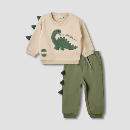 Juniors Boys Sweatshirt and Joggers Set with Dinosaur Applique - Cotton - Long Sleeves - Crew Neck - Green / 24-36 mths