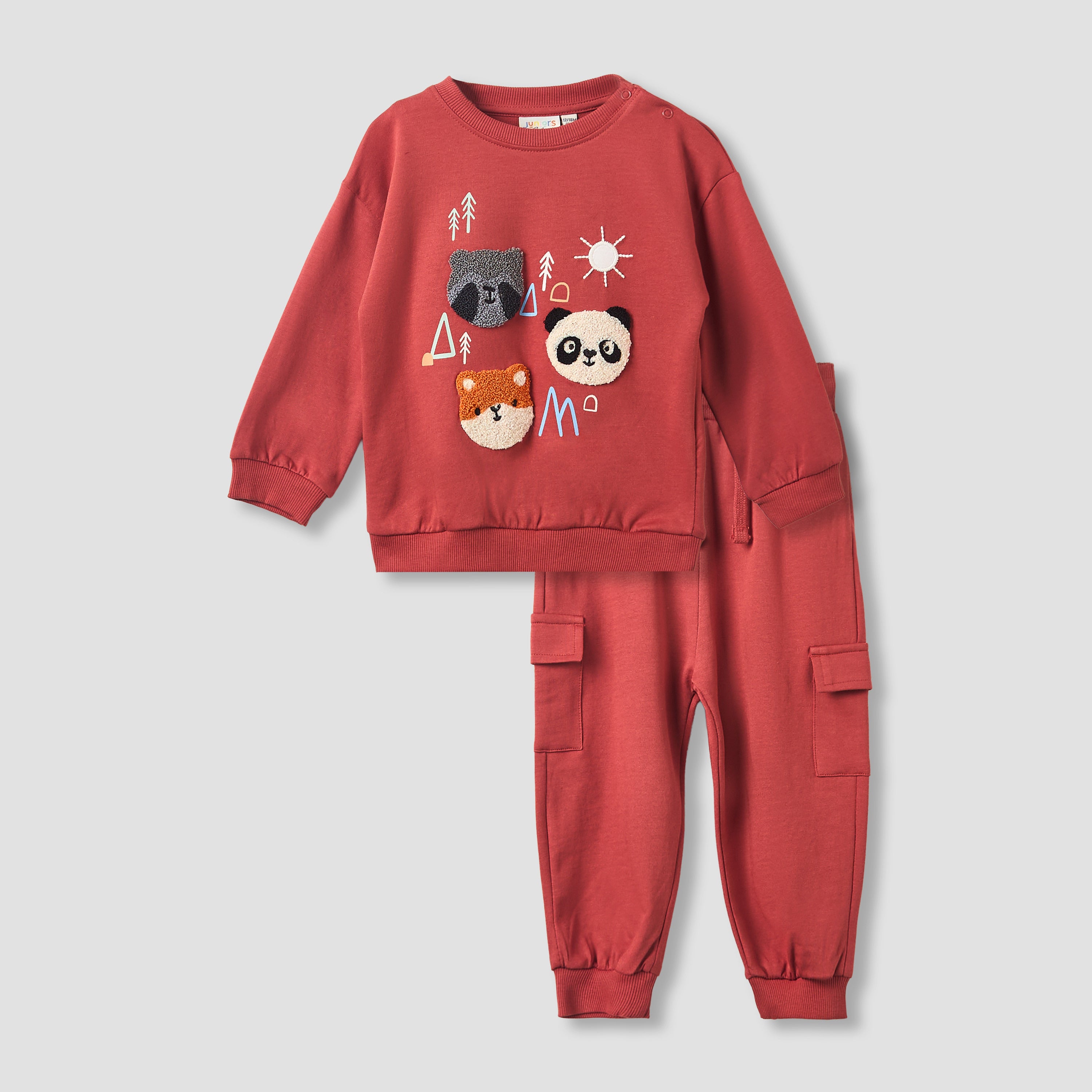 Juniors Boys Sweatshirt and Joggers Set with Animal Applique - Cotton - Long Sleeves - Crew Neck - Red / 12-18 mths