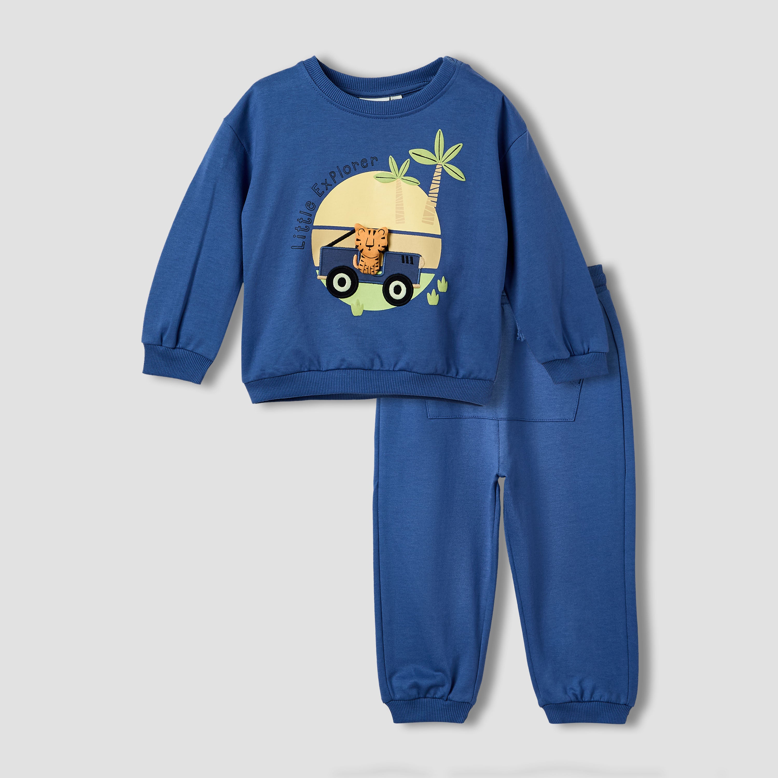 Juniors Boys Sweatshirt and Joggers Set with Animal Applique - Cotton - Long Sleeves - Crew Neck - Blue / 12-18 mths