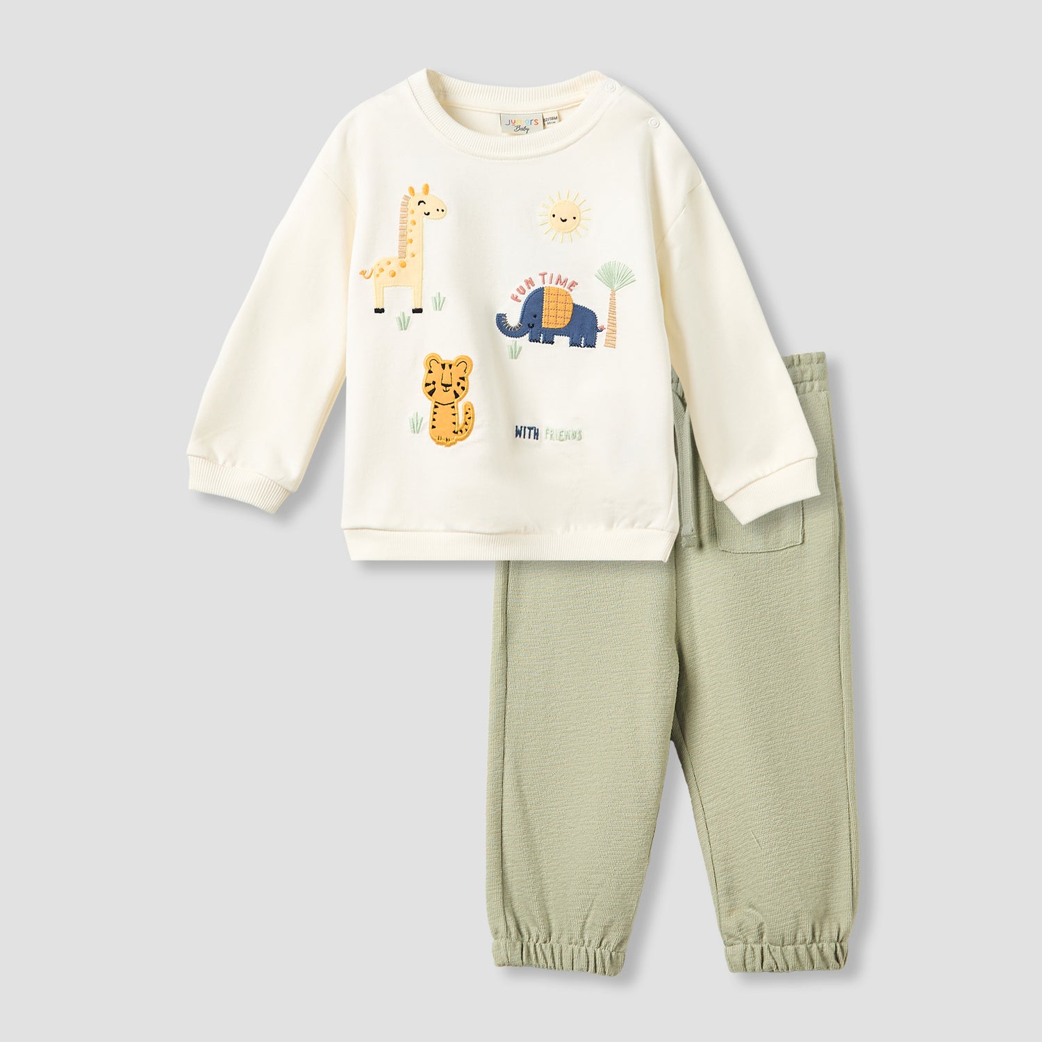 Juniors Boys Sweatshirt and Joggers Set with Animal Embroidery - Cotton - Long Sleeves - Crew Neck - Multicolour / 12-18 mths