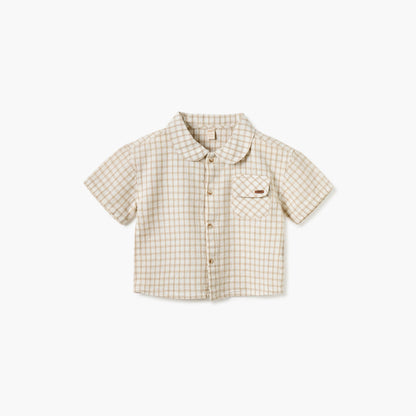 Giggles Checked Collared Shirt with Short Sleeves - Cream / 12-18 mths