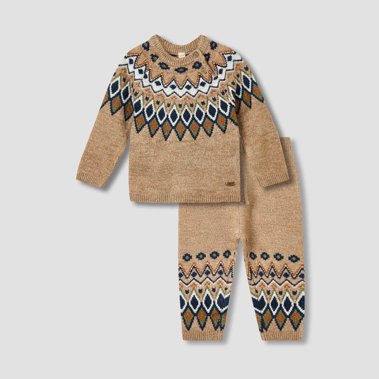 Giggles Boys Sweater and Pants Set with Argyle Detail - Polyester Blend - Long Sleeves - Crew Neck - Brown / 24-36 mths
