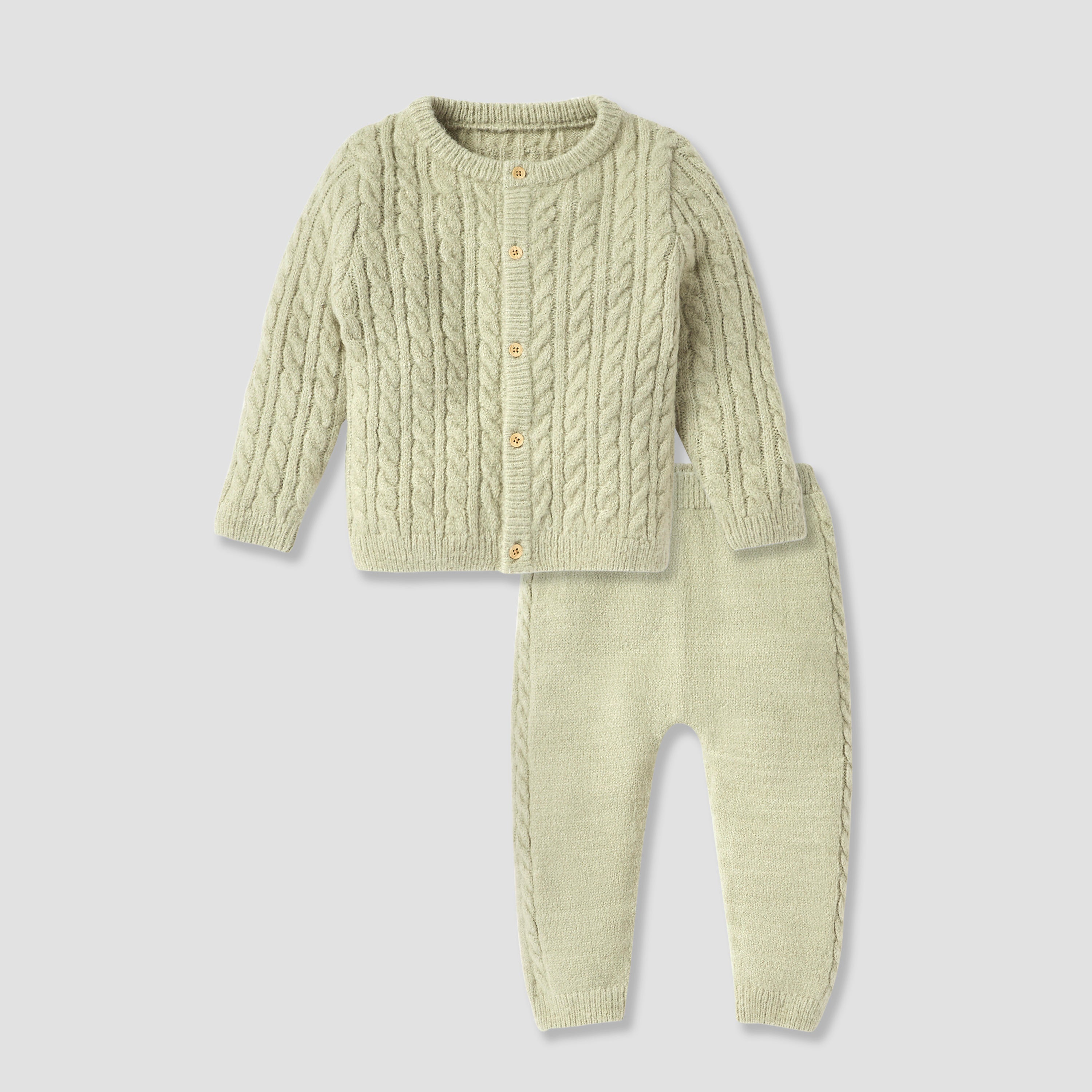 Giggles Cable Knit Shirt and Pant Set - Green / 24-36 mths