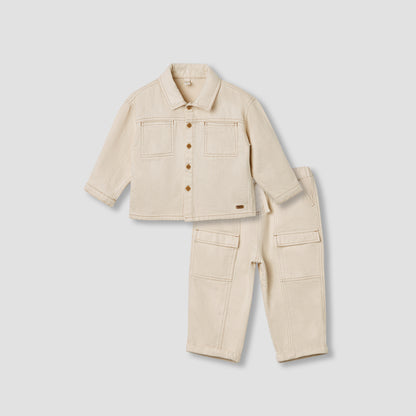 Giggles Solid Long Sleeve Shacket and Pants Set - Cream / 24-36 mths