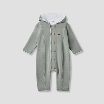 Giggles Textured Hooded Romper with Long Sleeves