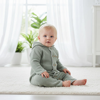 Giggles Textured Hooded Romper with Long Sleeves