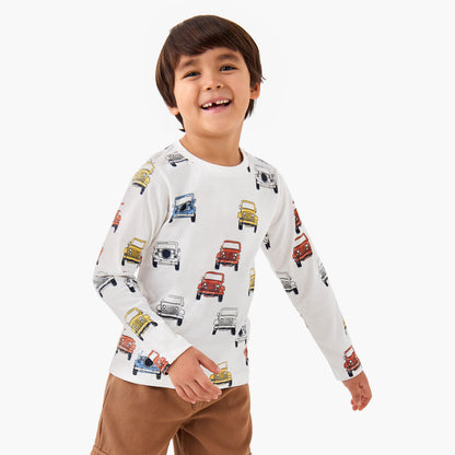 Juniors Boys Crew Neck T-shirt with Vehicle Print - Cotton - Long Sleeves - White / 1-2 yrs
