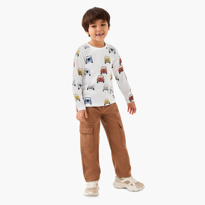 Juniors Boys Crew Neck T-shirt with Vehicle Print - Cotton - Long Sleeves