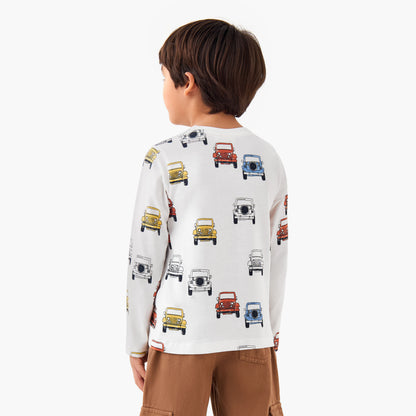 Juniors Boys Crew Neck T-shirt with Vehicle Print - Cotton - Long Sleeves