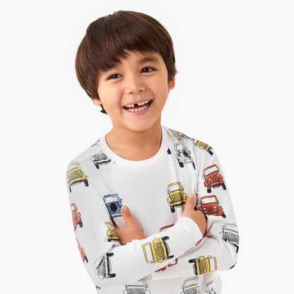 Juniors Boys Crew Neck T-shirt with Vehicle Print - Cotton - Long Sleeves