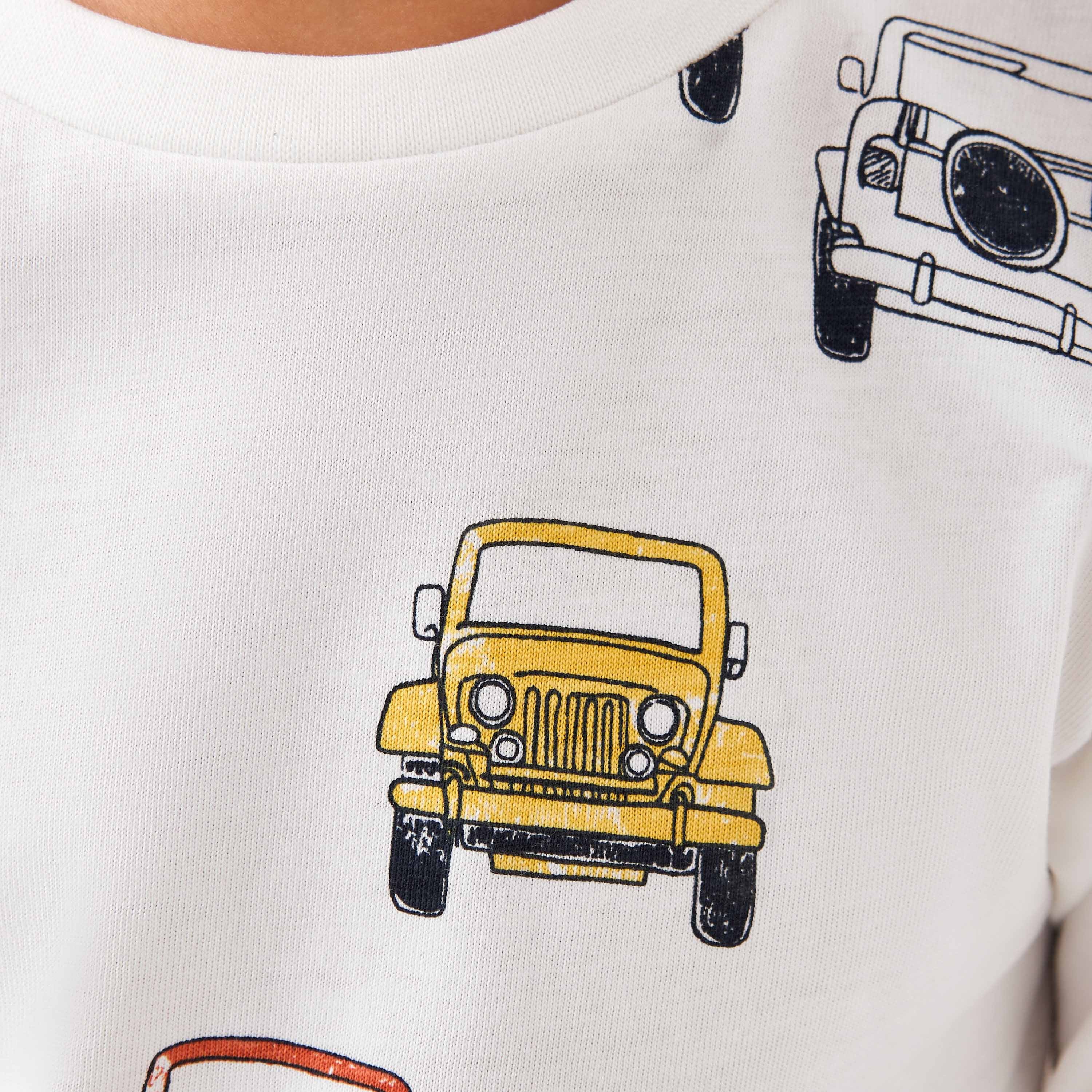 Juniors Boys Crew Neck T-shirt with Vehicle Print - Cotton - Long Sleeves
