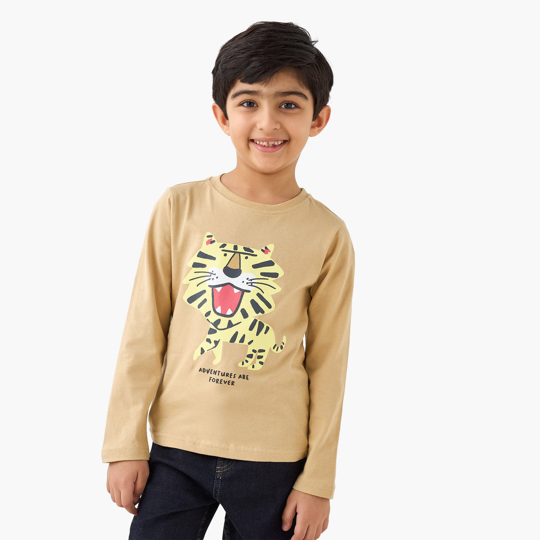Juniors Tiger Print T-shirt with Long Sleeves - Beige / 1-2 yrs