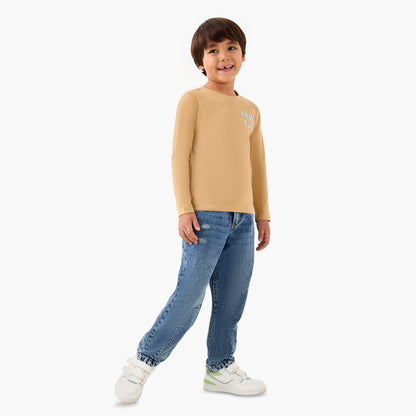 Juniors Boys Crew Neck T-shirt with Slogan Print - Cotton - Long Sleeves