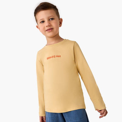 Juniors Boys Crew Neck T-shirt with Typographic Print - Cotton - Long Sleeves - Black / 1-2 yrs