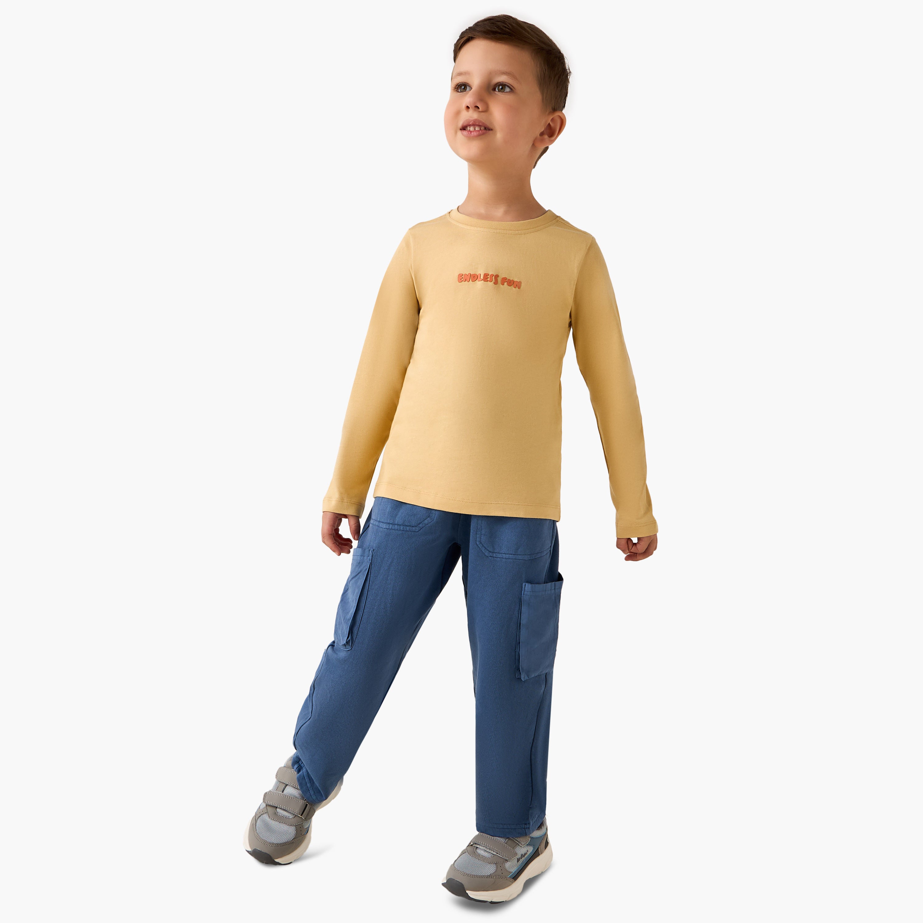 Juniors Boys Crew Neck T-shirt with Typographic Print - Cotton - Long Sleeves