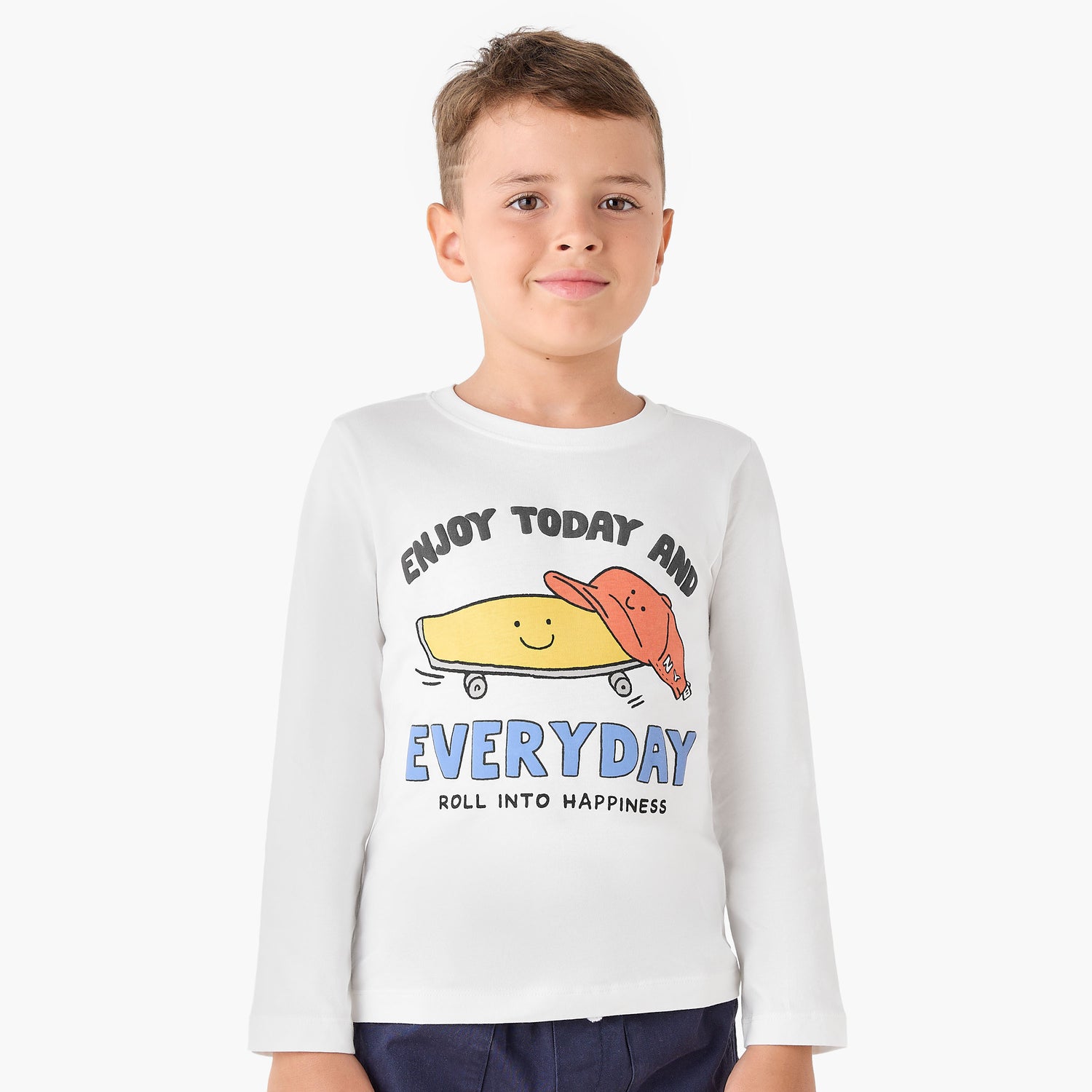 Juniors Boys Crew Neck T-shirt with Graphic Print - Cotton - Long Sleeves - White / 1-2 yrs