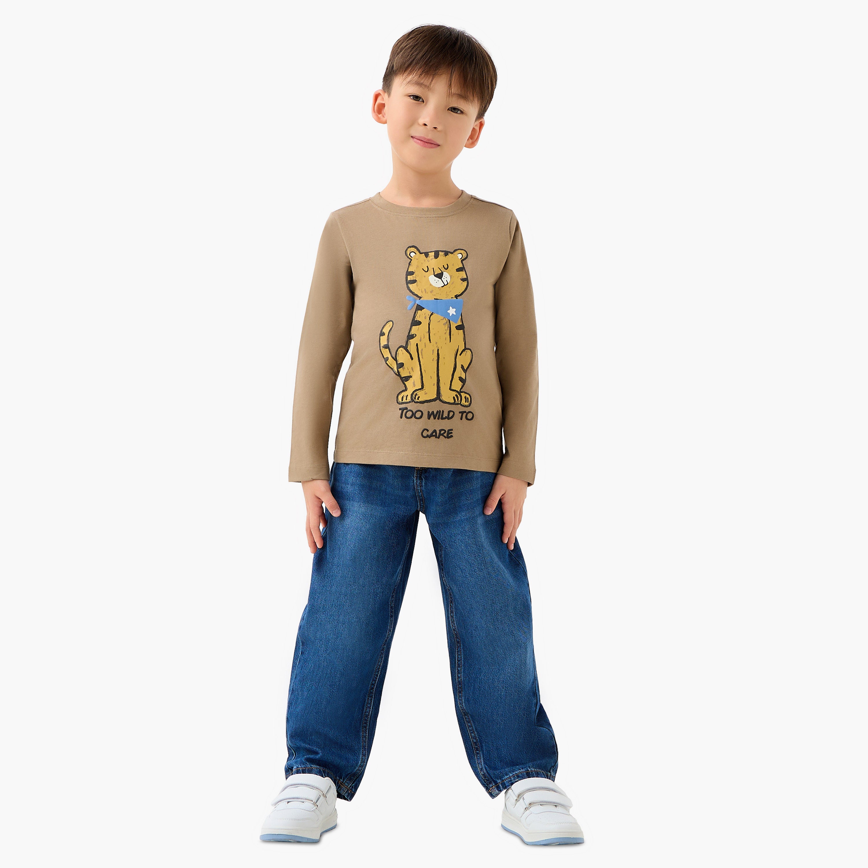 Juniors Boys Crew Neck T-shirt with Tiger Graphic Print - Cotton - Long Sleeves