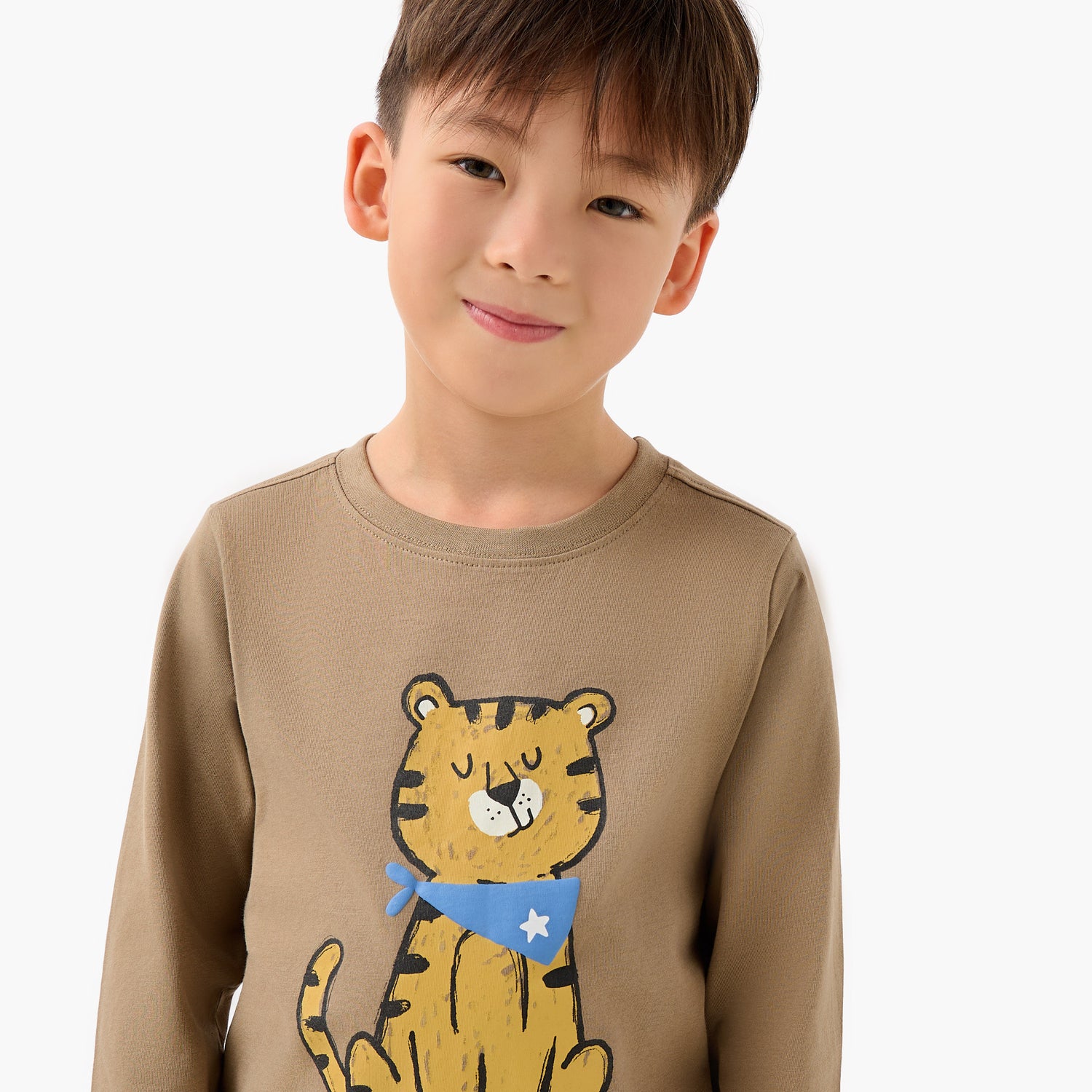 Juniors Boys Crew Neck T-shirt with Tiger Graphic Print - Cotton - Long Sleeves