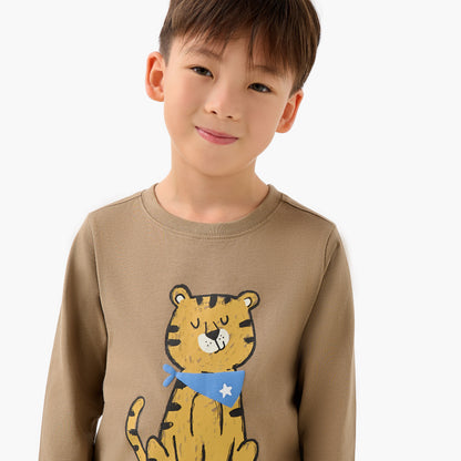 Juniors Boys Crew Neck T-shirt with Tiger Graphic Print - Cotton - Long Sleeves