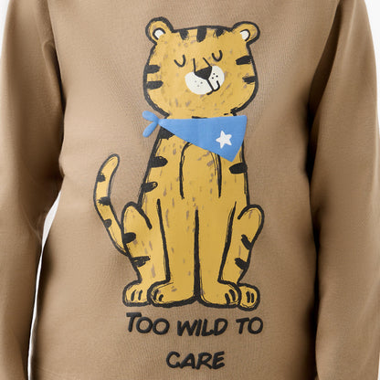 Juniors Boys Crew Neck T-shirt with Tiger Graphic Print - Cotton - Long Sleeves